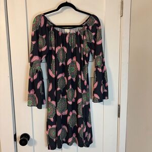 Simply Southern Sea Turtle Mandala Bell Sleeve Shift Dress Navy Pink Green 2XL